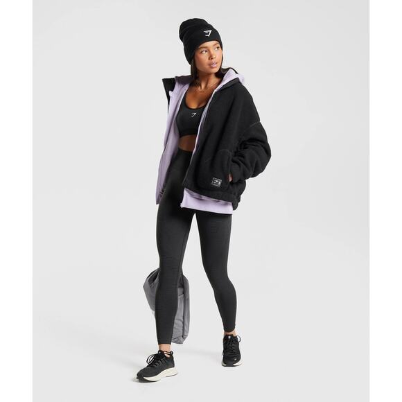 GYMSHARK Women's Medium Black Sherpa Fleece Jacket Zip Up Reversible Cozy HR7-46 - Picture 1 of 7